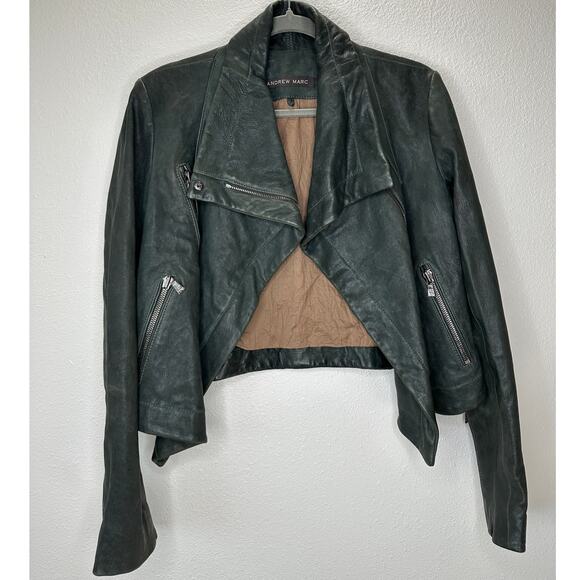 Andrew Marc Olive Green Diagonal Front Zip Leather Moto Jacket XS - Picture 3 of 16